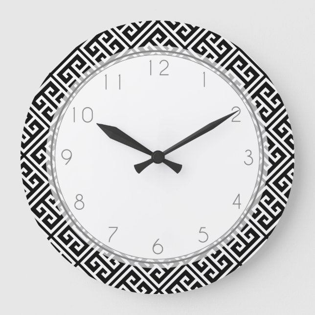 Schwarz-Weiß-Griechisches Schlüsselmuster Große Wanduhr (Vorderseite)