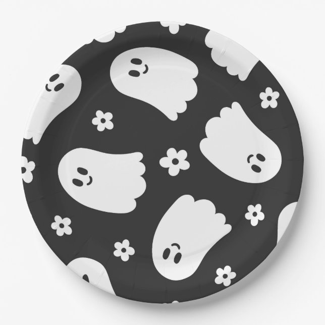 Schwarz-Weiß-Groovy-Geist und Blume Pappteller (Vorderseite)