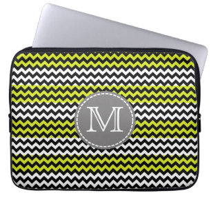 Schwarz Weiß Grün Chevron Zickzack Monogramm Laptopschutzhülle