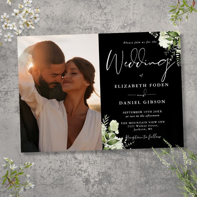 Schwarz-Weiß-Grün-Foto Hochzeit Einladung (Black And White Greenery Floral Photo Wedding Invitation)