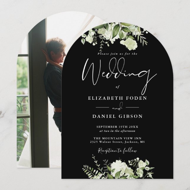 Schwarz-Weiß-Grün Foto Hochzeitsarsch Einladung (Vorne/Hinten)