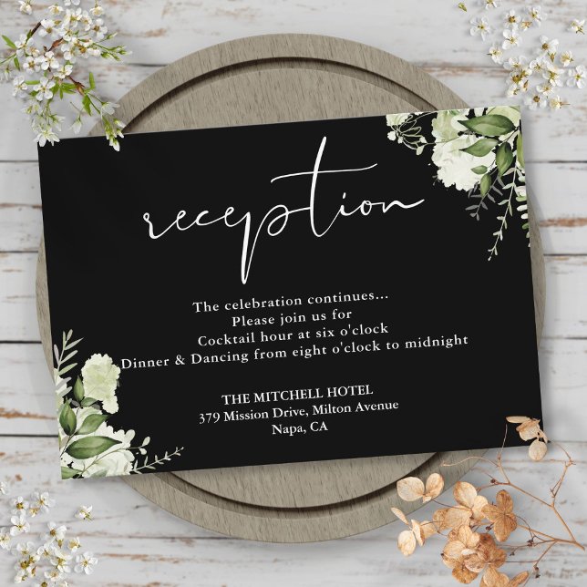 Schwarz-Weiß-Grün-Hochzeitsempfang Begleitkarte (Black And White Greenery Wedding Reception Enclosure Card)