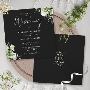 Schwarz Weiß Grün Monogramm Quadrat Hochzeit Einladung