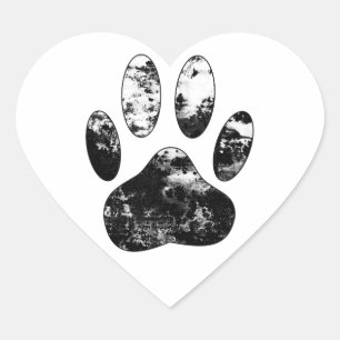Schwarz-Weiß-Grunge Dog Paw Print Herz-Aufkleber