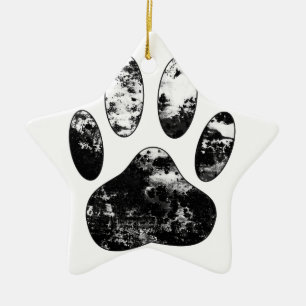 Schwarz-Weiß-Grunge Dog Paw Print Keramik Ornament
