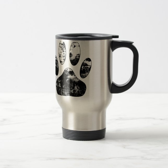 Schwarz-Weiß-Grunge Dog Paw Print Reisebecher (Rechts)