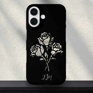 Schwarz-Weiß-Grunge-Stempel-Rosen-Initialen iPhone 16 Hülle