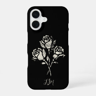 Schwarz-Weiß-Grunge-Stempel-Rosen-Initialen iPhone 16 Hülle