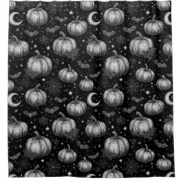 Schwarz-Weiß-Halloween-Kürbis, Bat, Spiderweb Duschvorhang