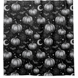 Schwarz-Weiß-Halloween-Kürbis, Bat, Spiderweb Duschvorhang