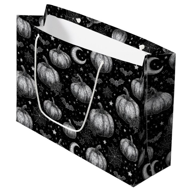 Schwarz-Weiß-Halloween-Kürbis, Bat, Spiderweb Große Geschenktüte (Vorderseite Schrägansicht)