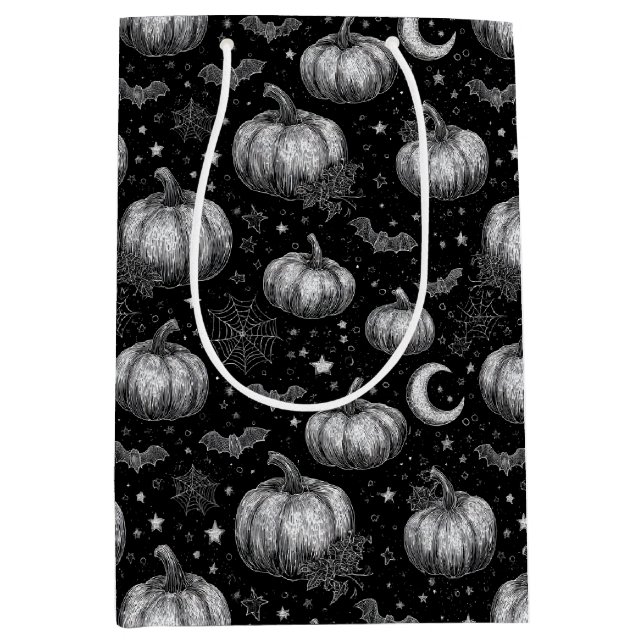 Schwarz-Weiß-Halloween-Kürbis, Bat, Spiderweb Mittlere Geschenktüte (Vorderseite)