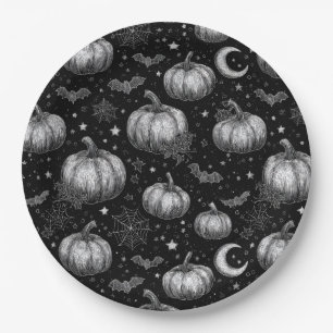 Schwarz-Weiß-Halloween-Kürbis, Bat, Spiderweb Pappteller