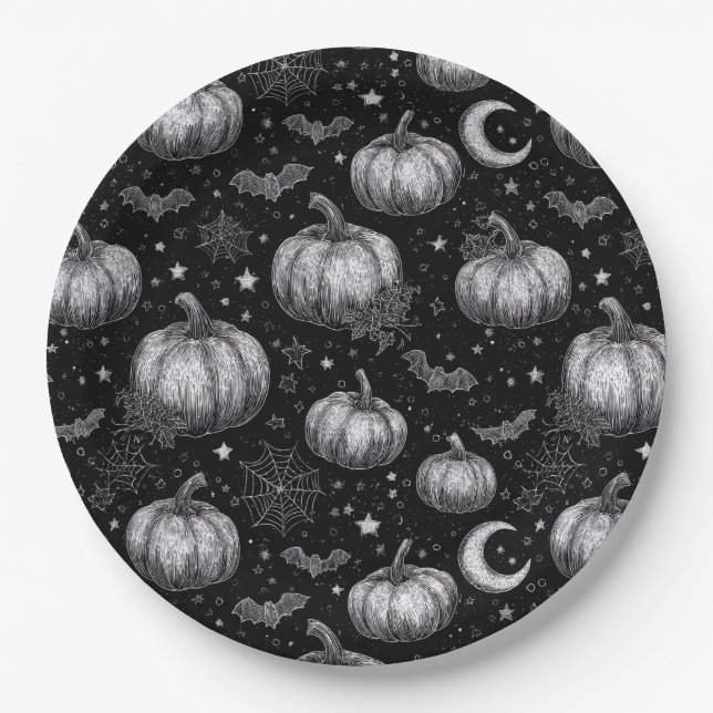 Schwarz-Weiß-Halloween-Kürbis, Bat, Spiderweb Pappteller (Vorderseite)