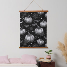 Schwarz-Weiß-Halloween-Kürbis, Bat, Spiderweb Wandteppich Mit Holzrahmen