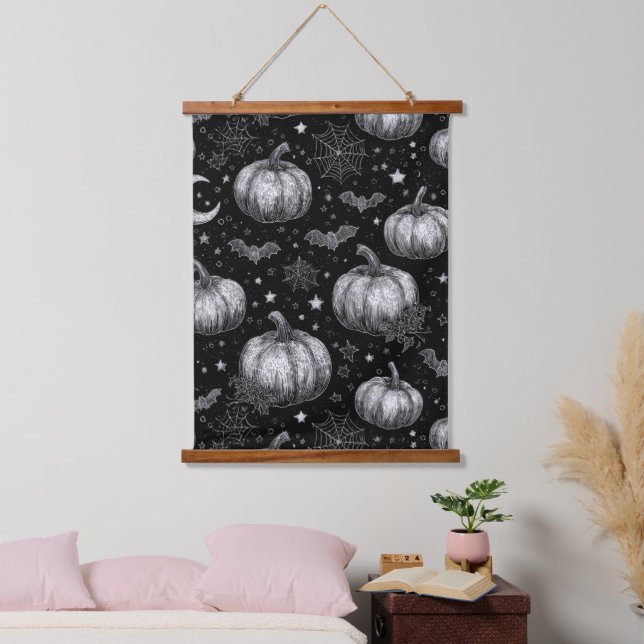 Schwarz-Weiß-Halloween-Kürbis, Bat, Spiderweb Wandteppich Mit Holzrahmen (Schlafzimmer)