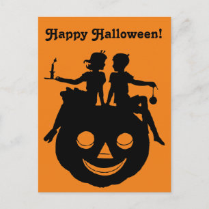 Schwarz-Weiß-Halloween-Silhouette Junge Mädchen si Feiertagspostkarte