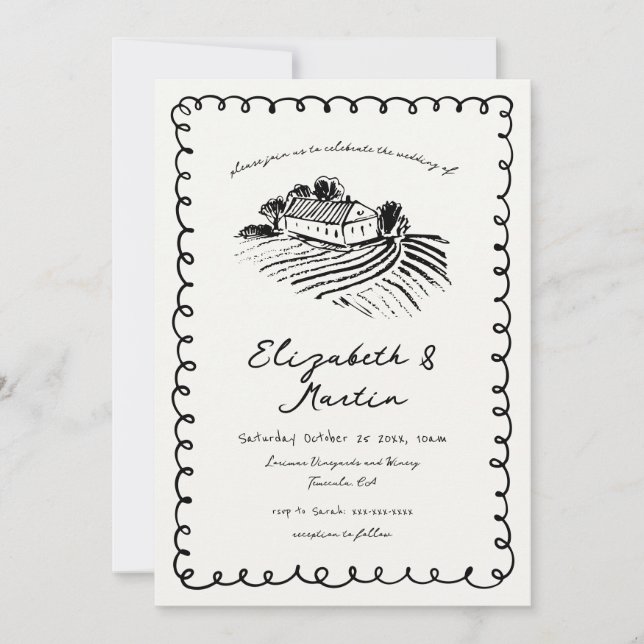 Schwarz-Weiß Hand Drawn Funky Vineyard Wedding Einladung (Vorderseite)
