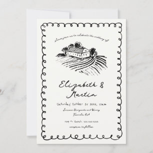 Schwarz-Weiß Hand Drawn Funky Vineyard Wedding Einladung