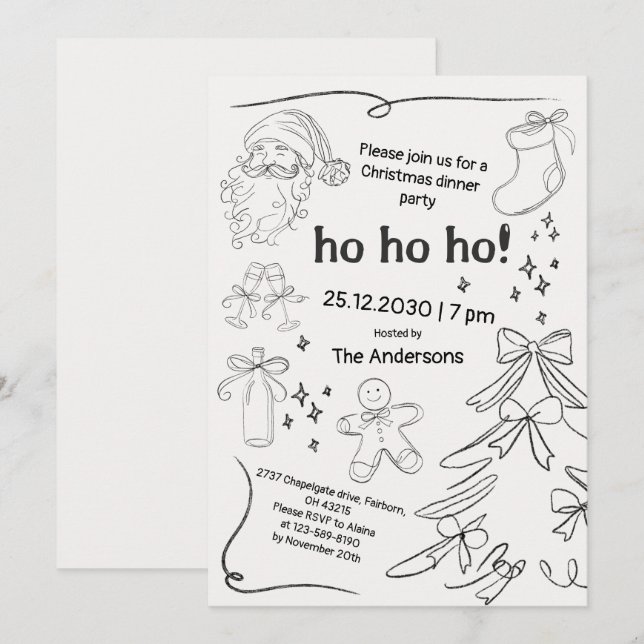 Schwarz-Weiß-Handgezeichnet Doodle Weihnachtsgebäc Einladung (Vorne/Hinten)
