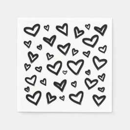 Schwarz-Weiß handGezeichnet, gemalte Doodle-Herzen Serviette