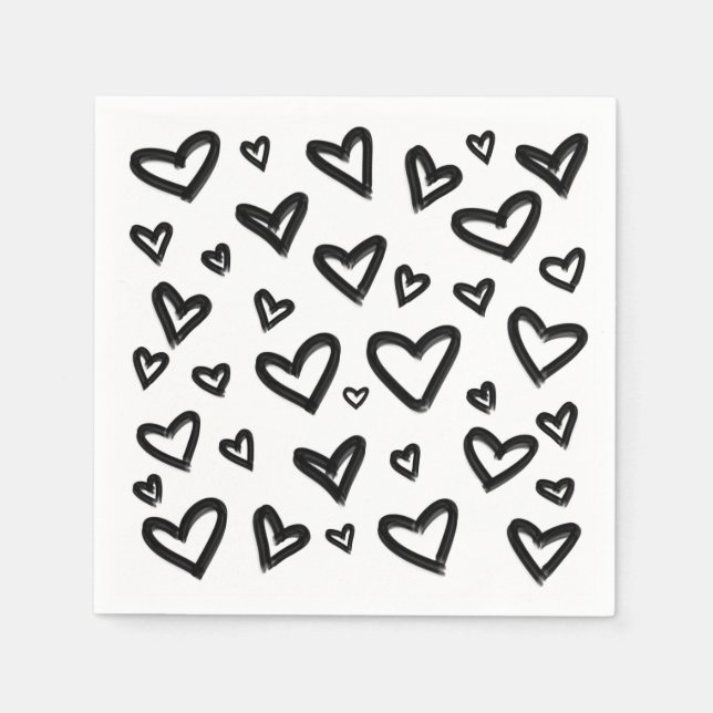 Schwarz-Weiß handGezeichnet, gemalte Doodle-Herzen Serviette (Vorderseite)