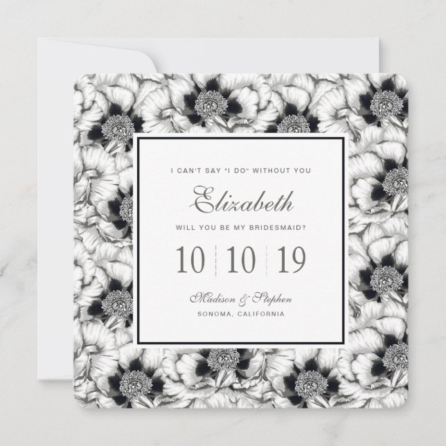 Schwarz-Weiß-Handgezogene Blume - Bridesmaid Einladung (Vorderseite)