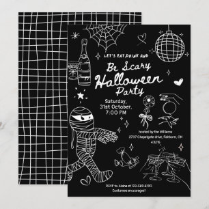 Schwarz-Weiß-Handgezogenes Doodle-Halloween-Party Einladung