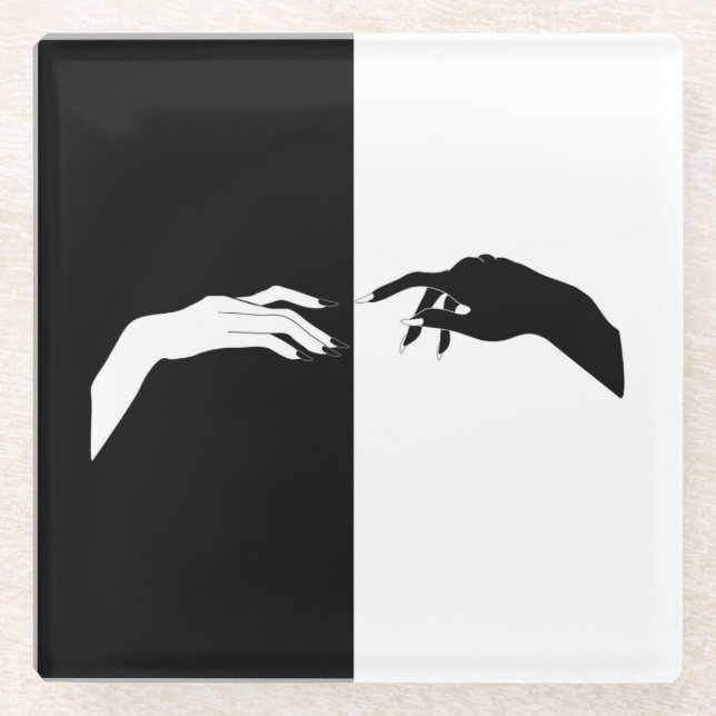 Schwarz-Weiß-Hands Moderne Kunst Glasuntersetzer (Vorderseite)