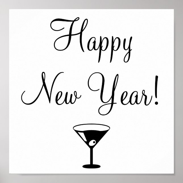 Schwarz-Weiß-Happy-Silvesterposter mit Martini Poster (Vorne)