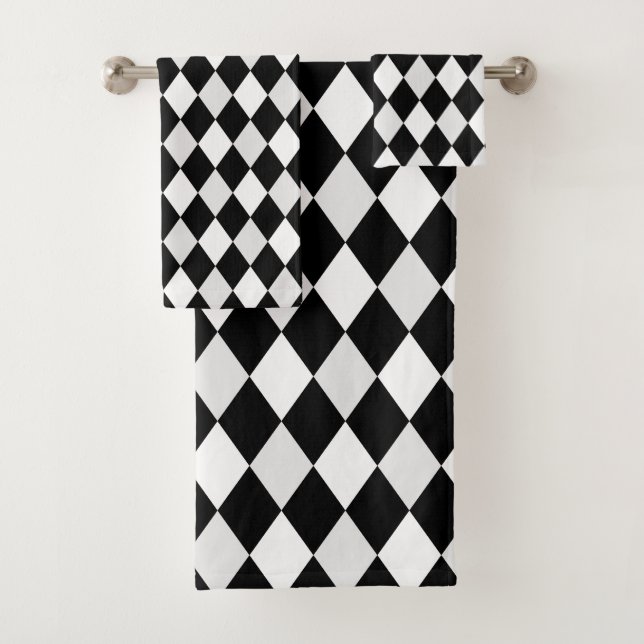 Schwarz-Weiß-Harlequin-Diamantmuster Badhandtuch Set (Insitu)