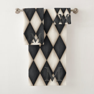 Schwarz-Weiß-Harlequin Dramatisches 3-D-Monogramm Badhandtuch Set