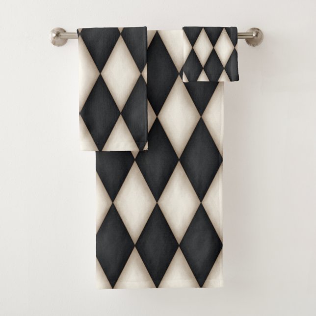 Schwarz-Weiß-Harlequin-Muster Elegant geprüft Badhandtuch Set (Insitu)