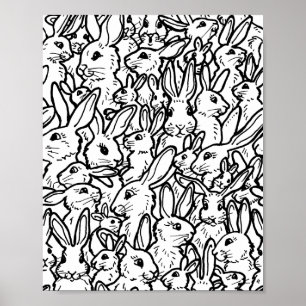 Schwarz-weiß-Hasen-Zeichnungen Modernes Muster Poster
