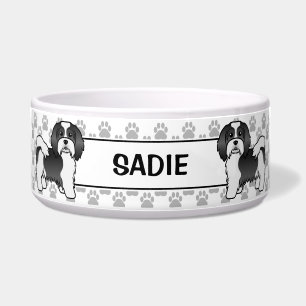 Schwarz-Weiß-Havanese-Cartoon Hund & Paws & Name Napf