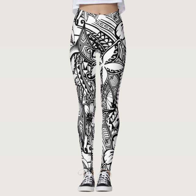 Schwarz-Weiß-Hawaiisch - Polynesischer Stammesdruc Leggings (Vorderseite)