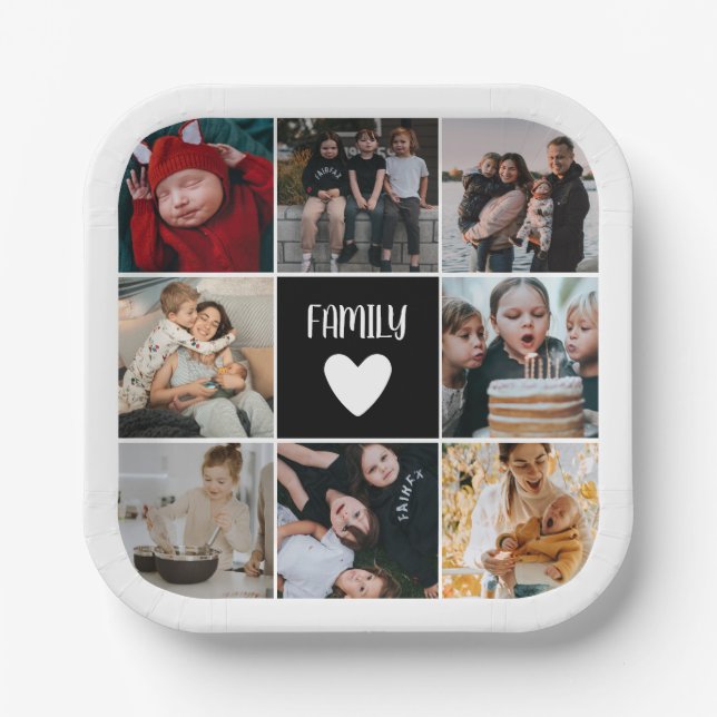 Schwarz-weiß Heart Family Foto Collage Pappteller (Vorderseite)