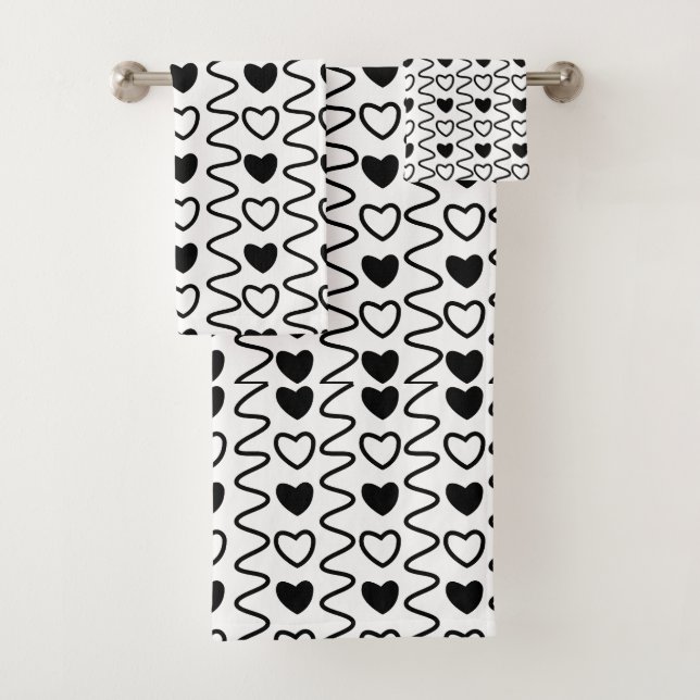 Schwarz-weiß Hearts Valentinmuster Badhandtuch Set (Insitu)