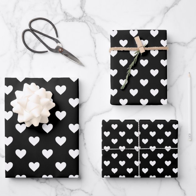 Schwarz-Weiß-Herz-Muster Geschenkpapier Set (Vorderseite)