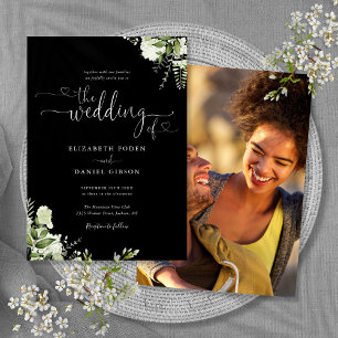 Schwarz-Weiß-Herz-Schrift-Blattwerk-Foto-Hochzeit Einladung