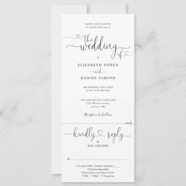 Schwarz-Weiß-Herz-Script in einer Hochzeit Einladung (Vorderseite)
