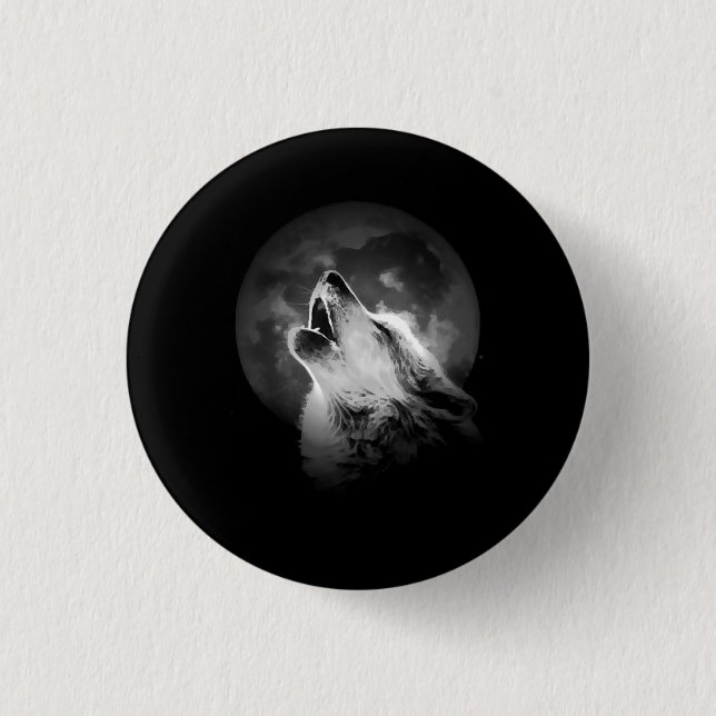 Schwarz & Weiß heulender Wolf & Mond Button (Vorderseite)