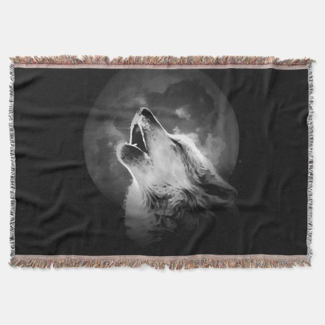 Schwarz & Weiß heulender Wolf & Mond Decke (Vorderseite)