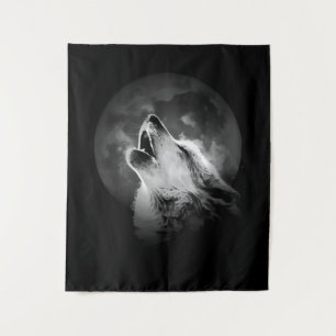 Schwarz & Weiß heulender Wolf & Mond Wandteppich