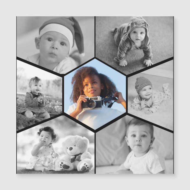 Schwarz-Weiß-Hexagon-FotoCollage Magneteinladung (Vorderseite)
