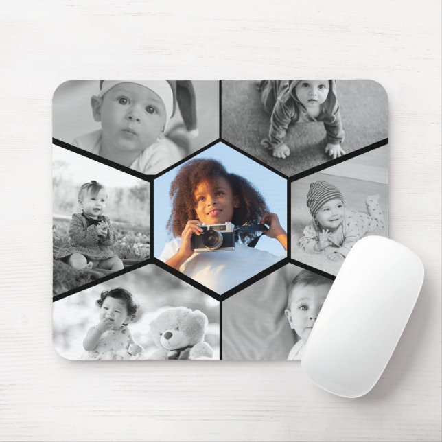 Schwarz-Weiß-Hexagon-FotoCollage Mousepad (Mit Mouse)
