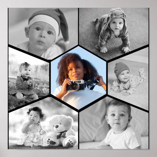 Schwarz-Weiß-Hexagon-FotoCollage Poster (Vorne)