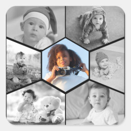 Schwarz-Weiß-Hexagon-FotoCollage Quadratischer Aufkleber
