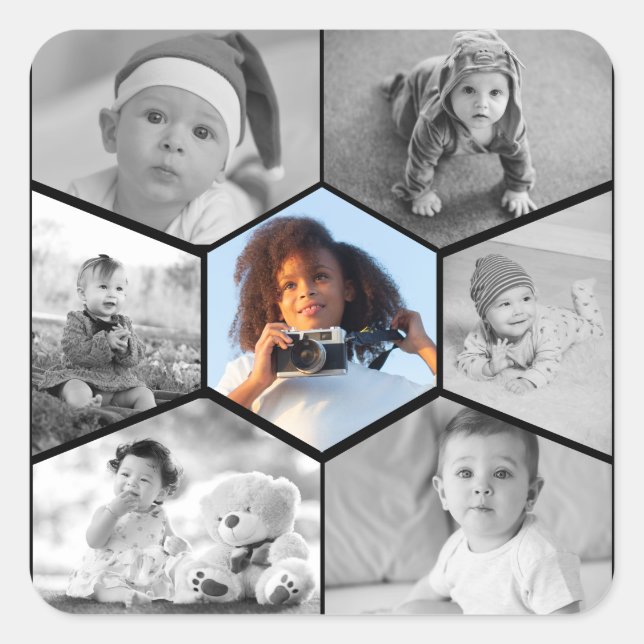 Schwarz-Weiß-Hexagon-FotoCollage Quadratischer Aufkleber (Vorderseite)