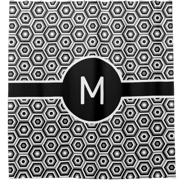 Schwarz-Weiß-Hexagons mit geometrischer Monogrammg Duschvorhang (Vorderseite)